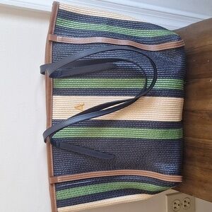 ​ZARA Striped Woven Straw Tote Bag Monogram Initial "A" – Green Navy Tan